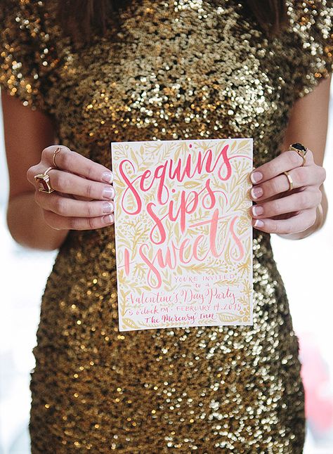 Sequins, Sips, and Sweets! A Valentine’s Day Party - www.theperfectpalette.com - Jessica Weiser Photography, L. brook events, Watershed Floral Sequin Bachelorette Party, Valentine Party Invitations, Metallic Wedding, Galentines Party, Invitation Suites, Shower Stuff, Nye Party, Bachelorette Party Themes, Girl Friends