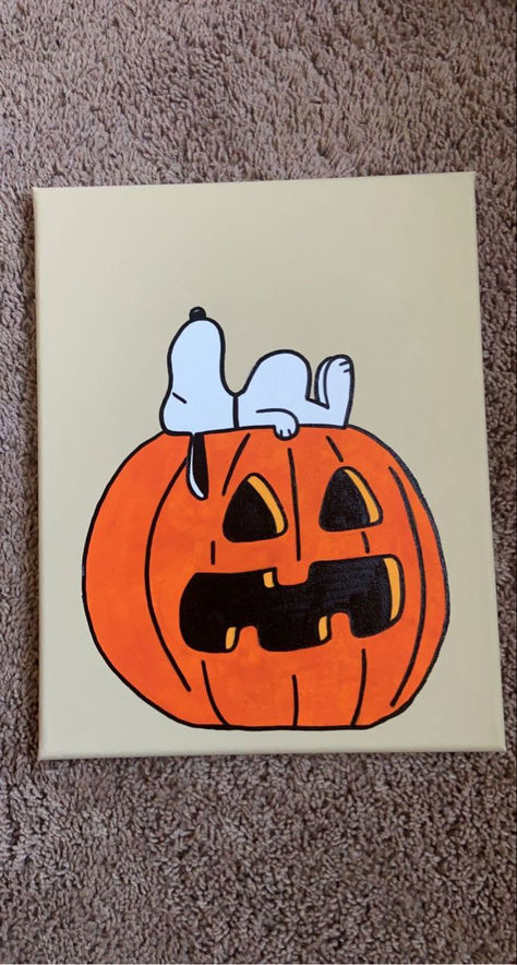 ArtbyCurlyAriel - Etsy Snoopy Halloween Paintings On Canvas, Halloween Painting Snoopy, What To Draw For Halloween, Charlie Brown Halloween Painting, Snoopy On Pumpkin, Preppy Halloween Drawings, Things To Paint On Canvas Halloween, Simple Fall Drawing Ideas, Halloween Simple Paintings