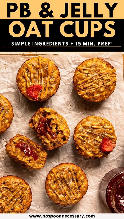 If you’re in the market for a chewy, sweet n’ salty, make-ahead breakfast, look no further than my PB&J Baked Oat Cups! These delicious jelly-stuffed oatmeal muffins are jam-packed with cinnamon-y, honey-sweetened, peanut butter goodness—and they take just 15 minutes of active prep time to make! Oatmeal Honey Muffins, Peanut Butter Jelly Oats, Pb And J Muffins, Pb&j Muffins, Pb And J Oat Bites, Pbj Oat Bites, Oat Cups Breakfast, Peanut Butter Oat Cups Recipe, Oats And Peanut Butter Recipes