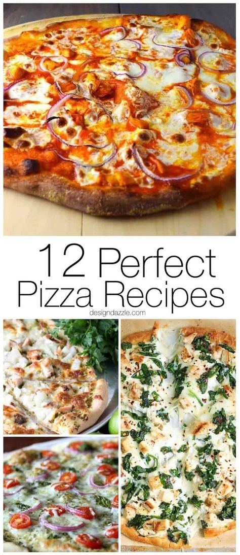 I found 12 of the most perfect, mouth watering, pizza recipes out there that will have you drooling just thinking about them! | homemade pizza recipes | easy pizza recipes | pizza recipe ideas || Design Dazzle #pizzarecipes #homemadepizza #pizza Homemade Pizza Recipe Easy, Pizza Gourmet, Pizza Oven Recipes, Pizza Vegana, Recipes Pizza, Italian Pizza Recipe, Pizza Roll, Pizza Salad, Best Homemade Pizza