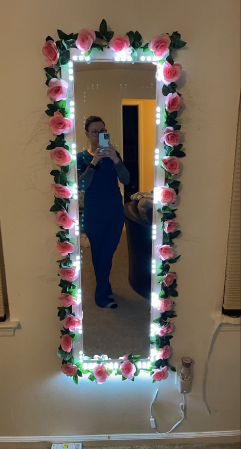 TARGET Room esstienal over the door mirror $19.99 AMAZON LED Vantiy lights 14ft $21.99 AMAZON Rose garland 16ft $12.99 Body Mirror Decor, Decorate Mirror, Moving Into First Home, Over The Door Mirror, Flower Mirror, Rose Garland, Diy Vanity, Body Mirror, Diy Mirror