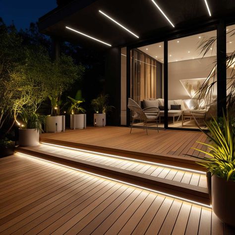 Decking Lighting, Outdoor Deck Lighting, Outdoor Decking, Terrace Garden Design, Modern Backyard Landscaping, Pergola Lighting, Deck Designs Backyard, Backyard Lighting, Modern Backyard