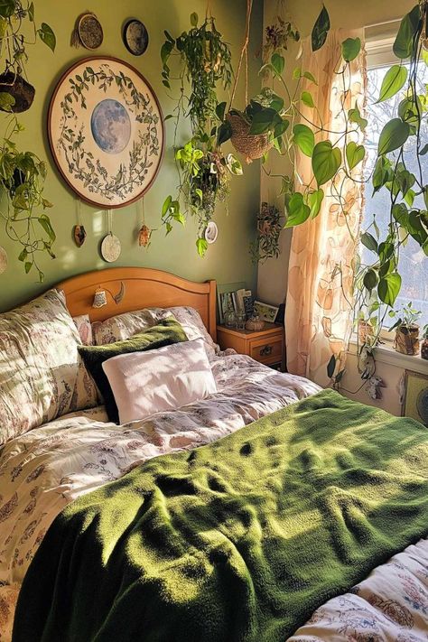 green witch bedroom aesthetic (2) Bedroom Aesthetic Witch, Mystic Room Ideas, Hedge Witch Home Decor, House Decor Witchy, Forest Cottagecore Aesthetic, Pagan Home Decor Interior Design, Witch Inspired Bedroom, Green Witch Bedroom Ideas, Witchy Boho Bedroom Aesthetic