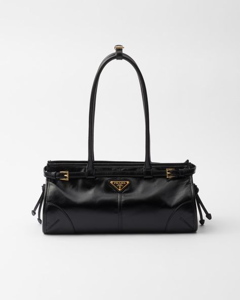 Black Medium Leather Handbag | PRADA Large Leather Handbags, Bag Wishlist, Longchamp Bag, Sleek Aesthetic, Womens Designer Bags, Prada Shoulder Bag, Dream Bags, Prada Leather, Triangle Logo