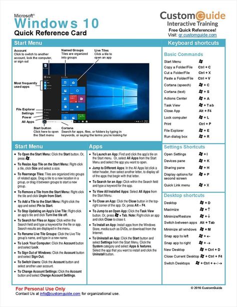 Microsoft Windows 10 -- Free Reference Card Windows 10 Hacks, Computer Keyboard Shortcuts, Computer Shortcut Keys, Computer Science Programming, Computer Lessons, Computer Learning, Computer Projects, Shortcut Keys, Computer Help