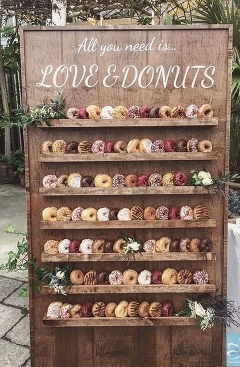 25 Wedding Donuts - a fun alternative wedding dessert Ideas - Donut wall Cereal Late Night Snack Wedding, Wedding Dessert Ideas, Donut Wall Wedding, Donut Board, Doughnut Wall, Dessert Display Wedding, Events Decorations, Wedding Donuts, Donut Decorations