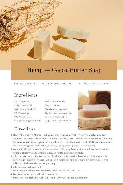 Organic Soap Recipe, Hemp Oil Soap, Cocoa Butter Soap, Hemp Soap, Easy Soap Recipes, Diy Herbal Remedies, Handmade Soap Recipes, Cold Process Soap Recipes, Soap Making Recipes