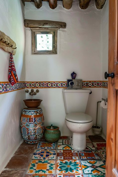 15 Tips to Achieve the Perfect Mexican Farmhouse Decor – Everyday Inspo Bathroom Mexican Tiles, New Mexican Interior Design, Hacienda Style Room, Mexican Inspired Bathroom, Farm House Indian Style Interior, Spanish Room Decor, Adobe House Decor, Mexican Bathroom Decor, Spanish Interior Design Bedroom