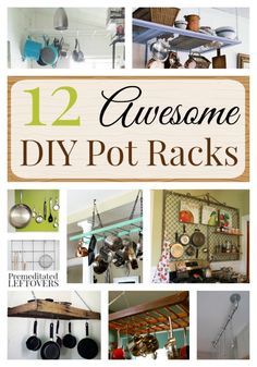 12 Awesome DIY Pot Racks- Here are some really great tutorials for homemade pot racks. These hanging racks are inexpensive and simpler than you may think! Diy Pot Rack Hanging Small Kitchens, Wall Mounted Pot Rack Ideas, Hanging Pans In Kitchen, Hanging Pots And Pans On Wall, Pot Rack Ideas, Kitchen Island Pot Rack, Pan Rack Hanging, Ladder Pot Rack, Diy Pot Rack