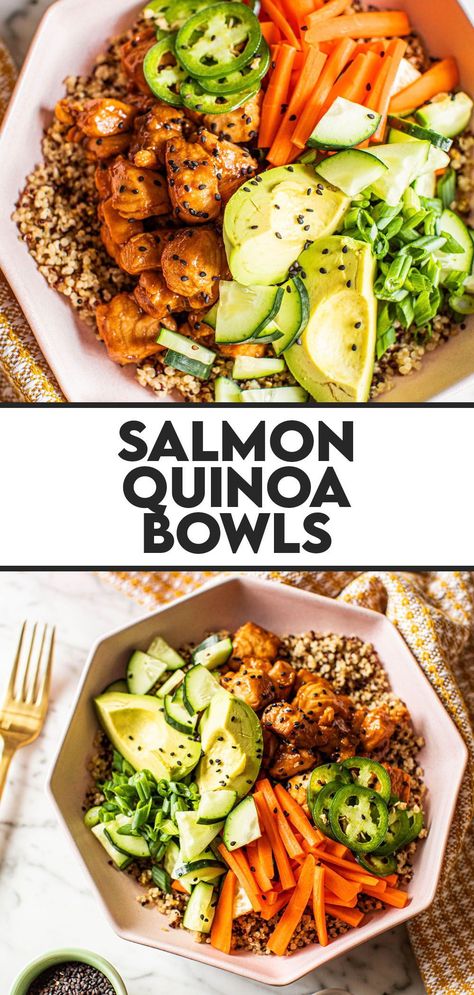 Salmon Quinoa Bowl, Quinoa Bowls Healthy, Quinoa Recipes Easy, Power Bowl Recipe, Salmon Quinoa, Teriyaki Marinade, Healthy Bowls Recipes, Healthy Salmon, Healthy Recipes On A Budget