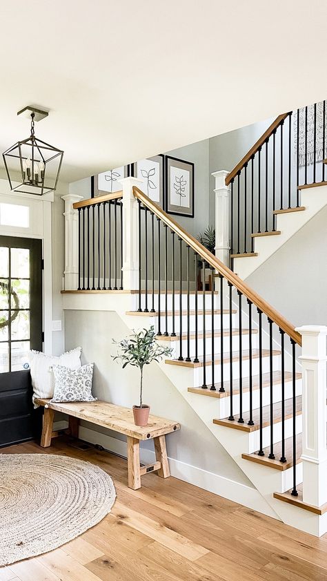 Fall entryway idea featuring: Beni the pup 🐶 (because he wouldn’t move🤷🏻‍♀️). . . . 👉Curious where its from? You can shop my post through… | Instagram Stairs By Entryway, Entrance Stairs Entryway, Entry Way With Stairs, Black Staircases, Stairs 2023, Stair Update, Entrance Chandelier, Sw Iron Ore, Second Floor House Design