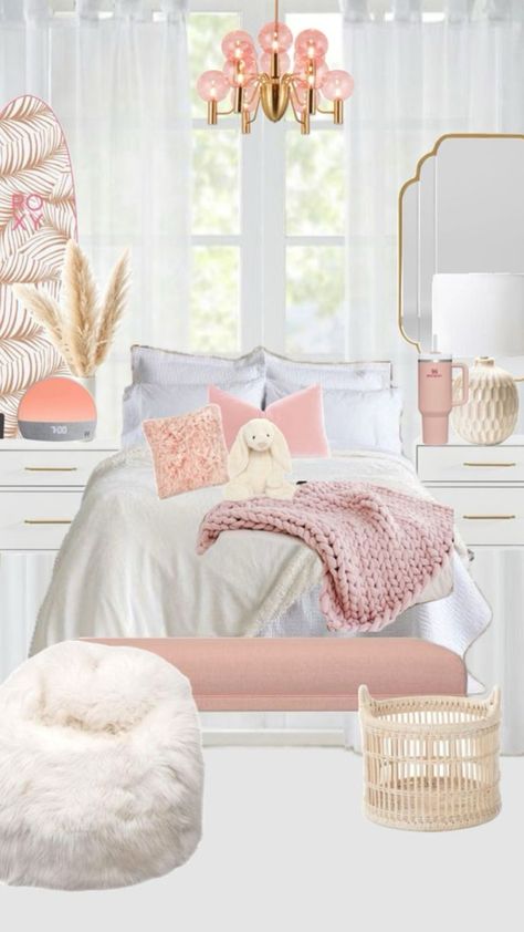 Pink Gold And White Bedroom, Elegant Room Aesthetic, Berry Bedroom, Dream Teen Bedrooms, Classy Room, Coastal Room Decor, Room Wishlist, College Room Decor, Playroom Bedroom