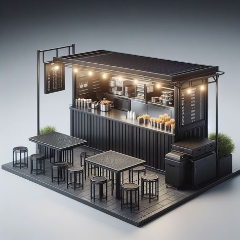 Container Cafe Plan, Container Cafe Interior, Kiosk Design Ideas, Mini Cafeteria, Small House Model, Aesthetic Success, Bench And Table, Container Coffee Shop, Food Stall Design