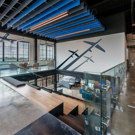 High Alpha Offices – Indianapolis Aviation Office, Tiered Seating, Office Wall Design, Architectural Design Studio, Airport Design, Traditional Office, Meeting Space, Office Branding, Exposed Concrete