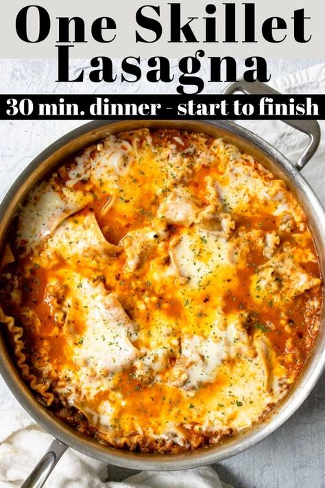 Delicious lasagna dinner all made in one skillet in just 30 minutes. This is a great family dinner. 30 Minute Skillet Lasagna, Skillet Meals For One, Dinners With Lasagna Noodles, Skillet Lasagna With Cream Cheese, Healthy One Pot Lasagna, Electric Skillet Lasagna, Fast Stove Top Dinners, Messy Lasagna Recipe, Easy Lasagna Skillet