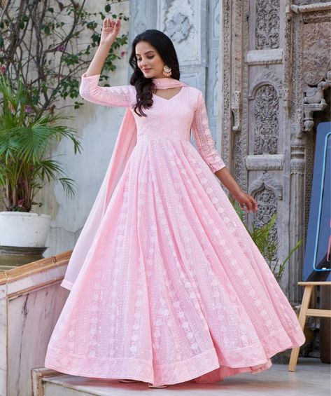 Pink Anarkali Suits Weddings, Light Pink Anarkali Suits, Light Pink Suits Women Indian, Light Pink Anarkali, Pink Anarkali Dress, Pink Suits Women, Pink Anarkali Suits, Wedding Ootd, Trendy Dress Styles