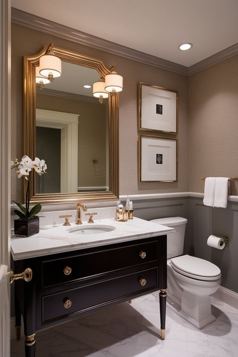 24 Stunning Luxury Powder Room Designs to Elevate Your Home Decor – HomelyTip Bathroom Wc Ideas, Brown Powder Room Ideas, Old Money Bathroom Decor, Antique Powder Room Ideas, Fancy Half Bathroom Ideas, Powder Room Vanities Ideas, Ralph Lauren Powder Room, Classy Powder Room, Classy Small Bathroom