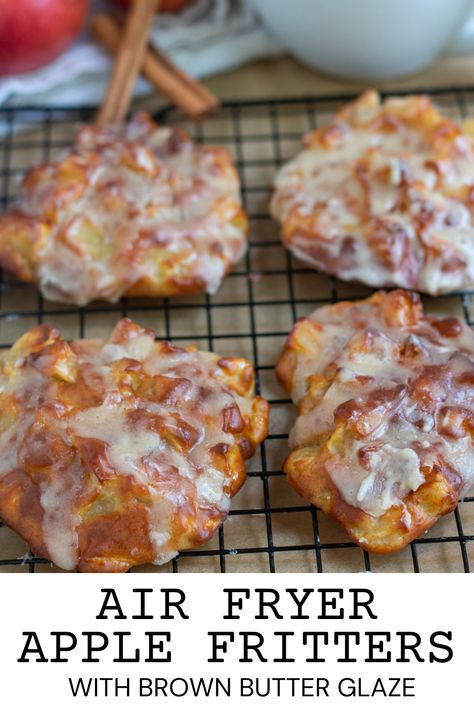 These easy air fryer apple fritters with brown butter glaze are healthier than an old fashioned fritter, yet still a delicious and tasty air fryer dessert. Made with fresh apples and an easy batter, the fritters are baked in the air fryer until the edges are crispy and golden, then drizzled with a brown butter glaze while still warm. Air Fryer Apple Fritters Recipe Easy, Air Fry Apple Fritters, Apple Fritters Recipe Air Fryer, Air Fryer Apple Recipes, Fry Apples, Air Fryer Apple Fritters, Brown Butter Glaze, Air Fryer Recipes Dessert, Butter Glaze