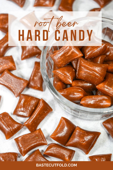 An easy recipe for old-fashioned root beer hard candy. Old Fashioned Hard Candy Recipes, Homemade Candy Canes Recipe, Christmas Hard Candy Recipes, Old Fashion Candy Recipe, Vintage Candy Recipes, Diy Hard Candy, Hard Candy Recipes Easy, Old Fashion Christmas Candy, Candy Recipes Homemade Easy