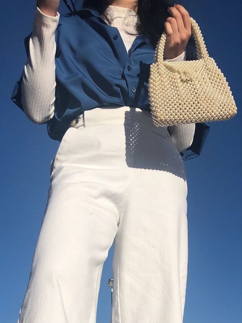 Blue shirt, blouse, white pants, white culottes, culottes, outfit, outfits, outgit inspo, aesthetic outfit, aesthetic, cottagecore, besutiful, clothes, cute, Blue Top And White Pants Outfit, Off White Pants Outfit Aesthetic, Blue Shirt With White Pants, Blue Shirt And White Pants Outfit, Outfits With White Pants Aesthetic, White Tee Shirt Outfit Aesthetic, Cottagecore Outfits Blue, Blue Shirt White Pants Outfit, Blue White Outfit Aesthetic