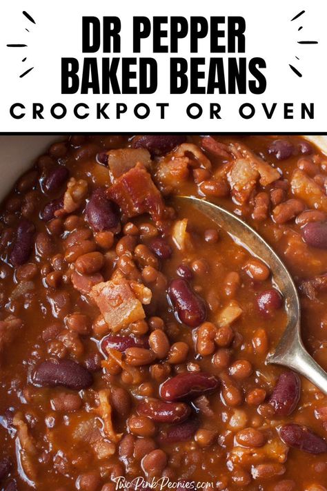 Image with text that says Dr Pepper Baked Beans crockpot or oven with an up close shot of the baked beans below Baked Bean Recipes Crockpot, Baked Beans Recipe Crockpot, Dr Pepper Baked Beans, Beans Recipe Crockpot, Beans Baked, Baked Beans Crock Pot, Canned Baked Beans, Best Baked Beans, Slow Cooker Baked Beans