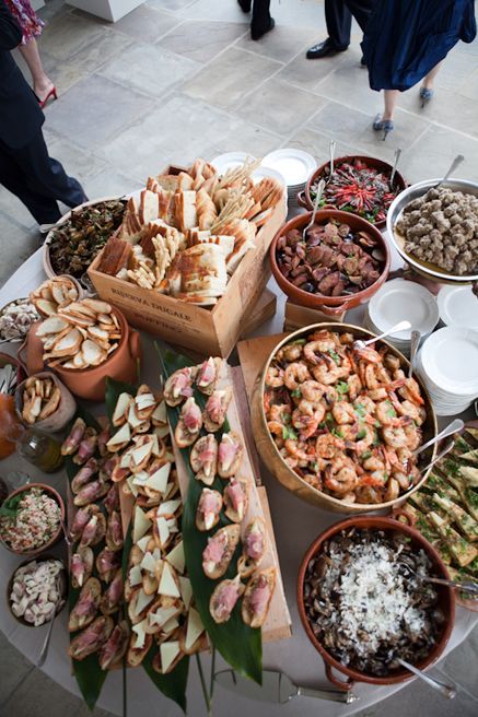 Hors D’oeuvres - Marcia Selden Spanish Buffet Table, Tapas Wedding Food, Spanish Food Wedding Buffet, Tapas Buffet Ideas, Spanish Wedding Food Ideas, Tapas Party Ideas, Spanish Wedding Food, Wedding Tapas, Tapas Wedding