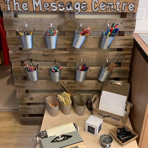 Our message centre to promote writing in EYFS  #eyfs #messagecentre #reggio #writing #purpose #engagement #curiosity Welcome To Reception Class Display, Story Telling Area Eyfs, Writing Provocations Reggio, Writing Provision Eyfs, Snack Area Eyfs, Curiosity Approach Eyfs Baby Room, Self Registration Eyfs Ideas, Hessian Classroom Display, Art Area Eyfs