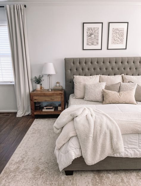 Master Bedding Gray, Bedroom Idea With Gray Headboard, Bedding Inspiration Grey Headboard, Dark Grey Bed With Beige Bedding, Room Ideas Gray Bed Frames, Room With Grey Bed Frame, Bedroom With Grey Upholstered Headboard, Neutral Bedding Grey Headboard, Grey Bedroom Suite Ideas