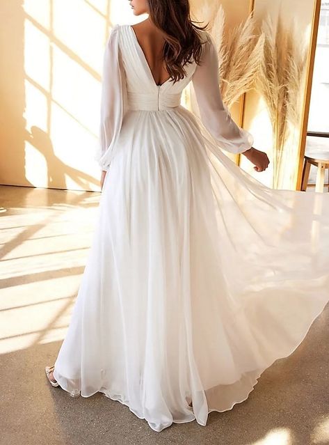 Modern Bride Dress, Chiffon Wedding Gowns, Skirt Chiffon, White Evening Gowns, Long Sleeve Bridal Gown, Wedding Dresses A Line, Long Sleeve Chiffon Dress, Belted Skirt, Cinderella Divine