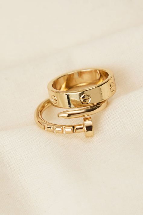 This is such a cute and unique ring set featuring a wrapped nail and simple gold band ring! These simple yet stand out rings are perfect to layer with for a trendy stacked look! Ring Gold Stack, Real Gold Rings Aesthetic, Rings Evry Jewels, Altered State Jewelry, Gold Rings And Bracelets, Gold Plated Ring, Gold Rings Cute, Ring Stacks Aesthetic, Cute Ring Stacks