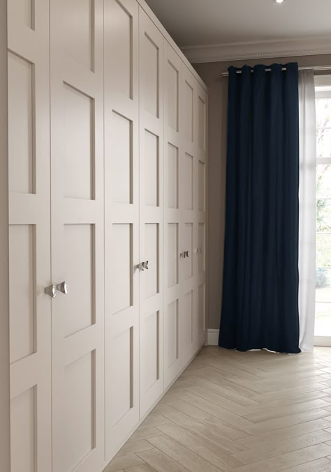 A wall of fitted shaker-style wardrobes in a soft white paint finish with silver metallic handles - a bespoke design handcrafted by Neville Johnson Bedroom Built In Cabinet Ideas, Shaker Style Bedroom, Fitted Wardrobe Ideas, Neville Johnson, Fitted Wardrobes Bedroom, Bedroom Built In Wardrobe, Bedroom Cupboards, Wardrobe Door Designs, Built In Cupboards