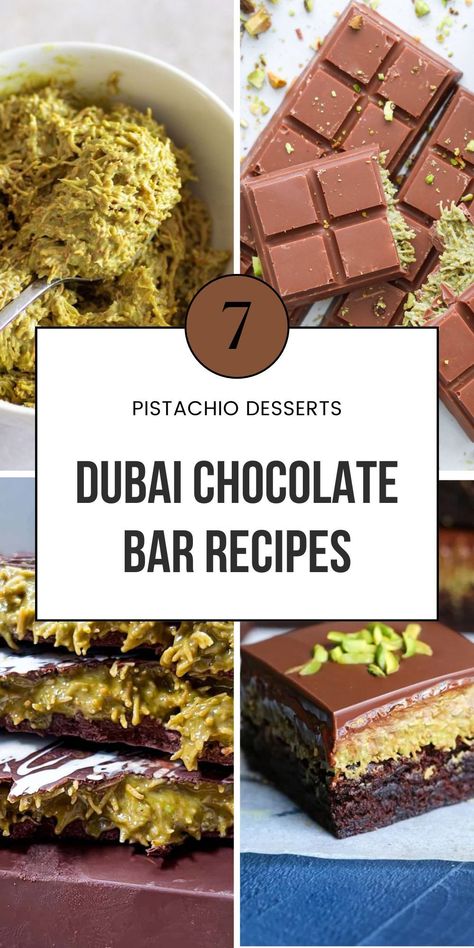 Try these viral Dubai chocolate bar recipes featuring unique flavors, perfect for any dessert lover’s collection. Learn how to bring Dubai's culinary creativity to your kitchen. Save for later! Dubai Chocolate Covered Strawberries, How To Make Dubai Chocolate Bar, Dubai Cake Ideas, Diy Dubai Chocolate, Stuffed Chocolate Bar Recipe, Dubai Viral Chocolate, How To Make Dubai Chocolate, Dubai Chocolate Cookie, Dubai Pistachio Chocolate Bar Recipe