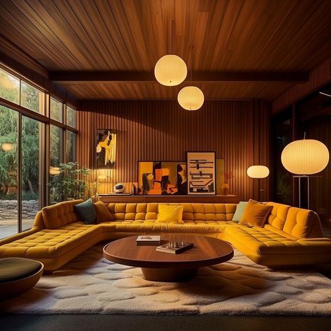 OSAKA LIVING ROOM — Dan O'Kelly | Studio Famous Mid Century Homes, 1979 Home Decor, 80s Home Interior, Wood Paneled Walls Living Room, Tacky Decor, 70s Interior Design, Corporate Interior Design, 70s House, Mid Century Modern Interior Design