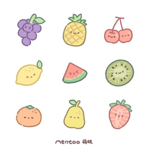 Cute Drawing Ideas Easy Kawaii Food, Fruits Cute Drawing, Kawaii Fruits Illustration, Cute Sticker Ideas To Draw Easy, Fruit Cute Drawing, Cute Food Doodles Kawaii, Cute Fruits Drawings, Fruit Drawing Cute, Cute Vegetables Drawing