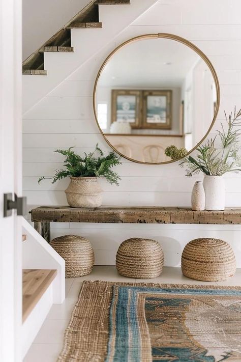 Coastal Entryway Ideas for a Welcoming Home Farmhouse Boho Entryway, Coastal Home Entryway, Coastal Boho Entryway, Beach Cottage Entryway, Coastal Bench Entryway, Coastal Foyer Ideas Entryway, Coastal Farmhouse Interior Design, Entryway Ideas Coastal, Spanish Style Entryway