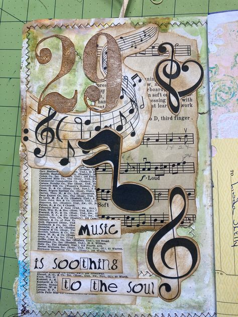 #junkjournaljanuary #junkjournaljanuary2023 Get Messy Art MegJournals Not every page you create has to be a time consuming event. I have taken 2 pieces of paper for my collage and some clip art musical notes and adhered them to my page. I added a title also with the help of my computer. Then I used a cute paper clip to attach my journal card to the top of the page and we are done. Thanks for looking, have a great day. Hugs!!! Link to the process video: https://youtu.be/HkKKroOAGew For more in Music Project Cover Page Ideas, Journal Day Ideas, Art On Sheet Music, Newspaper Art Projects, Music Art Journal, Art Title Page Ideas, Music Scrapbook Ideas, Title Page Art, Music Journal Ideas