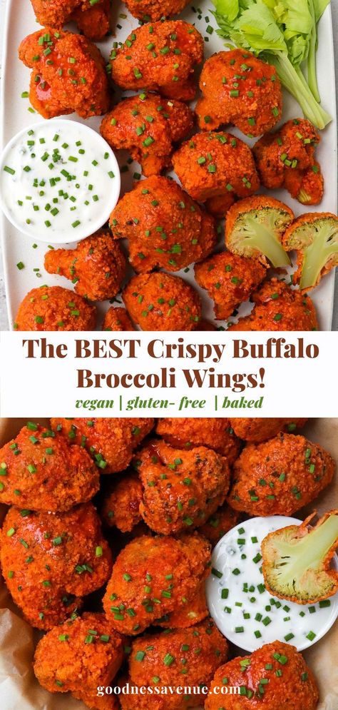 Baked broccoli "wings" with ranch sauce on the side. Broccoli Wings, Buffalo Broccoli, Tasty Cauliflower, Quinoa Broccoli, Spicy Broccoli, Broccoli Bites, Vegan Paleo Recipes, Broccoli Bake, Cauliflower Wings