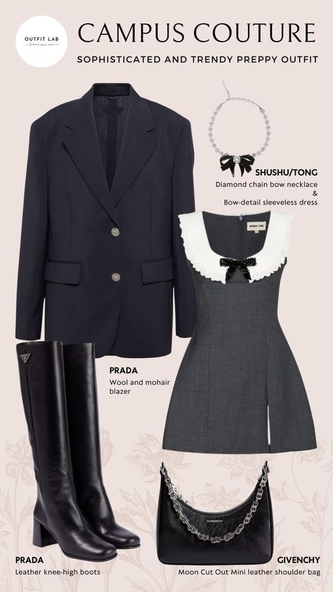 Campus Trendy Preppy Outfit with Shushu/Tong dress and necklace, Givenchy shoulder bag, Prada boots and blazer Prada Dress Aesthetic, Shushu Tong Dress, Prada Lookbook, Prada Aesthetic Outfit, Prada Boots Outfit, Prada Shoes Outfit, Prada Outfits Women, Givenchy Aesthetic, Douyin Outfits