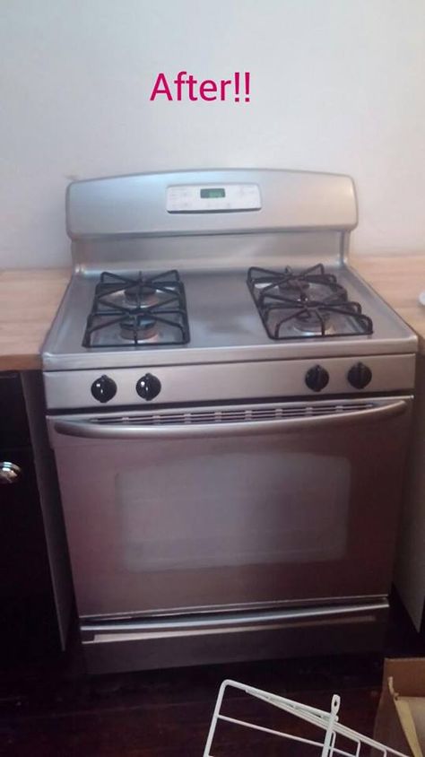 Turn a white stove into stainless steel! Diy Stove Makeover, Stove Makeover Diy, How To Paint A Stove, Painting Stove Diy, Vinyl Wrap Stove, How To Paint A Stove Diy, Steel Furniture Ideas, Paint A Stove, Paint Stove Stainless Steel