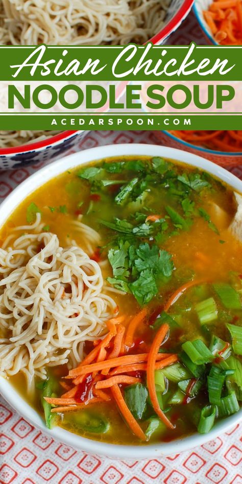 Warm up with a bowl of delicious soup! Our easy fall comfort food is an Asian noodle soup recipe that blends spicy, comforting flavors with a light, flavorful broth. Pin this Asian chicken soup recipe for a satisfying, cozy meal this season! Cabbage Soup Asian, Easy Soup Recipes Asian, Crockpot Asian Soup Recipes, Rice Noodle Chicken Soup, Miso Chicken Noodle Soup, Soup Recipes Japanese, Asian Sick Soup, Asian Chicken Soup Noodle, Asian Chicken Noodle Soup Recipe