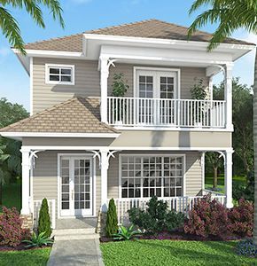 2 Car Garage, Front Porch on 1st and 2nd Floors, Laundry Upstairs Laundry Upstairs, Stacked Porches, Florida House Plans, Narrow Lot House, Farmhouse Exterior Design, Narrow Lot House Plans, Coastal House Plans, Beach House Plans, Suburban House