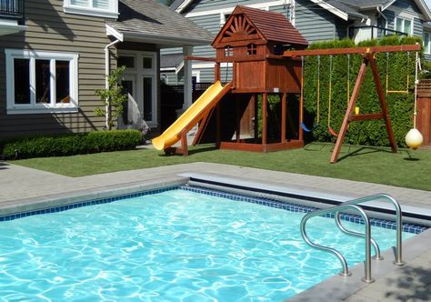 Small Backyard With Pool And Playground, Backyard With Pool And Playground, Small Backyard With Pool, Diy Artificial Turf, Backyard With Pool, Pool Surrounds, Fake Turf, Playground Safety, Turf Installation