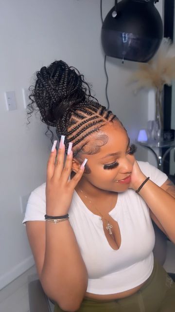 Bohemian Braids With Cornrows, Cornrows Going Up Into A Ponytail, Fulani Braids Bun, Stitch Fulani Braids, Boho Fulani Braids With Design, Fulani Braids Bohemian, Fulani Sew In, Fulani Bohemian Braids, Bohemian Fulani Braids