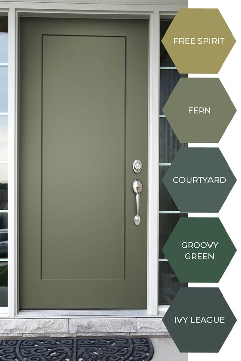 Make your friends + family green with envy with a beautiful new front door for your entryway. Add front porch decor to complement the color for a one-of-a-kind look. Modern Green Front Door, Forest Green Door Entrance, Green Front Door Black Shutters, Different Kinds Of Green Color, Front Door Colors Neutral, Front Door Color With Light Brick, Front Door Color For Tan Siding, Green Front Door Interior, Green Front Door On Brick House