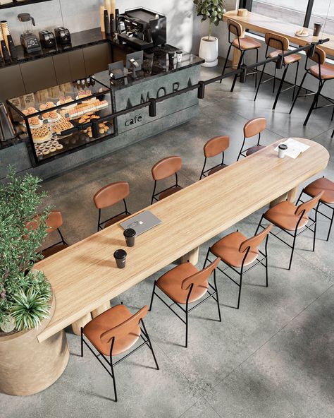 Workspace Cafe Design, Coffee Shop Meeting Room, Cafe Office Design, Community Table Cafe, Co Working Cafe Design, Scandinavian Cafe Design, Coffee Shop Work Space, Cafe Wood Interior, Coworking Coffee Shop