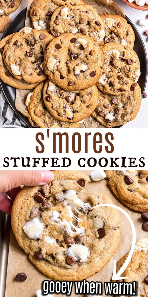 Bring the campfire dessert indoors with this S'mores Cookies recipe! Chocolate chip cookies are flecked with graham cracker crumbs and filled with a melty marshmallow center. Everything you love about S'mores--without the mess! Gourmet Cookies Recipes Awesome, Smore Bars, Smore Cookies, Recipe Desert, Fall Cookie Recipes, Campfire Desserts, S Mores Cookies, Stuffed Cookies, Homemade Chocolate Chips