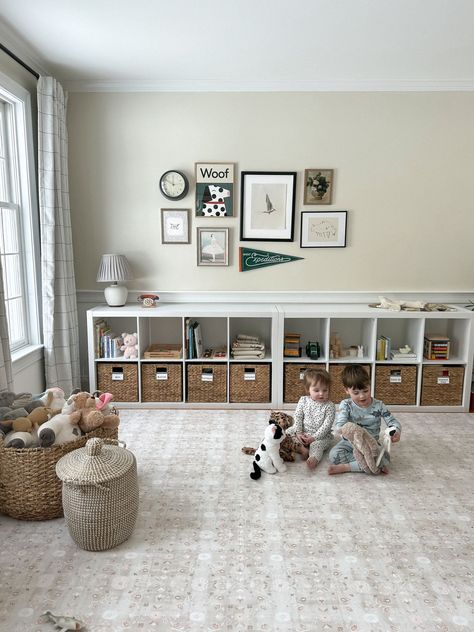 Little Nomad Play Mat curated on LTK Gallery Wall In Playroom, Playroom Ideas With Sofa, Neutral Play Area Living Room, Playroom Inspiration Modern, Kids Toy Room Design, Family Playroom Ideas, Lovesac Playroom, Lounge Playroom Family Rooms, Play Living Room Combo