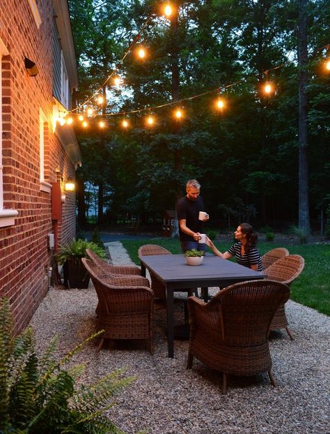 Removing Our Deck & Adding A Gravel Patio | Young House Love Pea Gravel Patio, Gravel Patio, Garden Border, Pergola Design, Pea Gravel, Backyard Lighting, Garden Lights, Brick Patios, Patio Interior