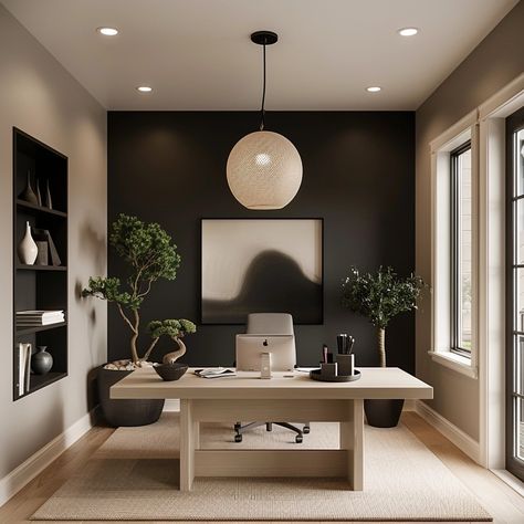 Black White Brown Office Aesthetic, Dark Office Aesthetic Modern, Black Wall Home Office, One Bedroom Apartment Office Ideas, Home Office Lounge Area Design, Modern Office Design Home, Greige Office Ideas, Entryway Office Ideas, Modern Organic Desk