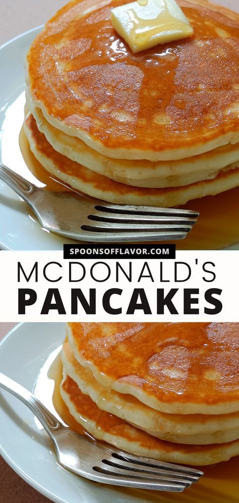 Thick, fluffy pancakes make the ultimate breakfast. This McDonald's copycat pancakes will definitely fit the bill. With just a few simple ingredients and 20 minutes, you can easily make this delicious pancakes right at your own kitchen. #pancakes #mcdonaldscopycat #breakfast #copycatrecipes How To Make Thick Fluffy Pancakes, Eggs And Pancakes Breakfast, Copycat Krusteaz Pancakes, Copycat Ihop Pancakes Recipes, Mcdonald Pancake Recipe, Pancakes With Sprite, Copycat Mcdonald’s Pancake, Mcdonald’s Pancakes, Mcdonald’s Pancakes Recipe